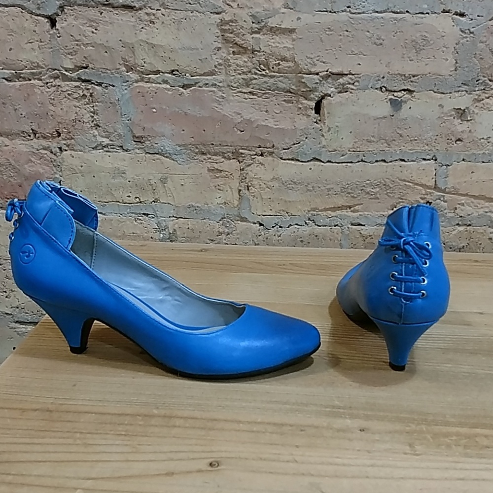 Bright blue pumps w/ lace up back